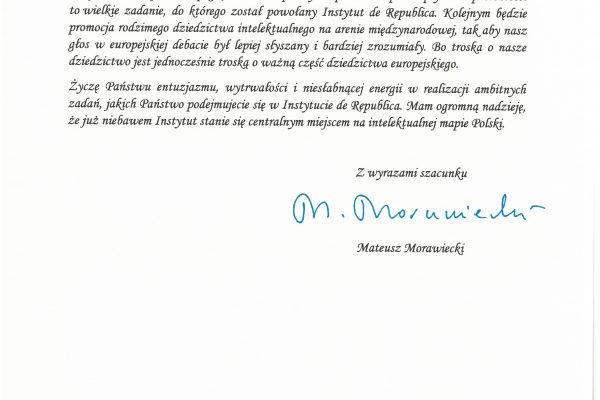 Zdjęcie 2 z 2: List Prezesa Rady Ministrów z okazji inauguracji działalności Instytutu De Republica