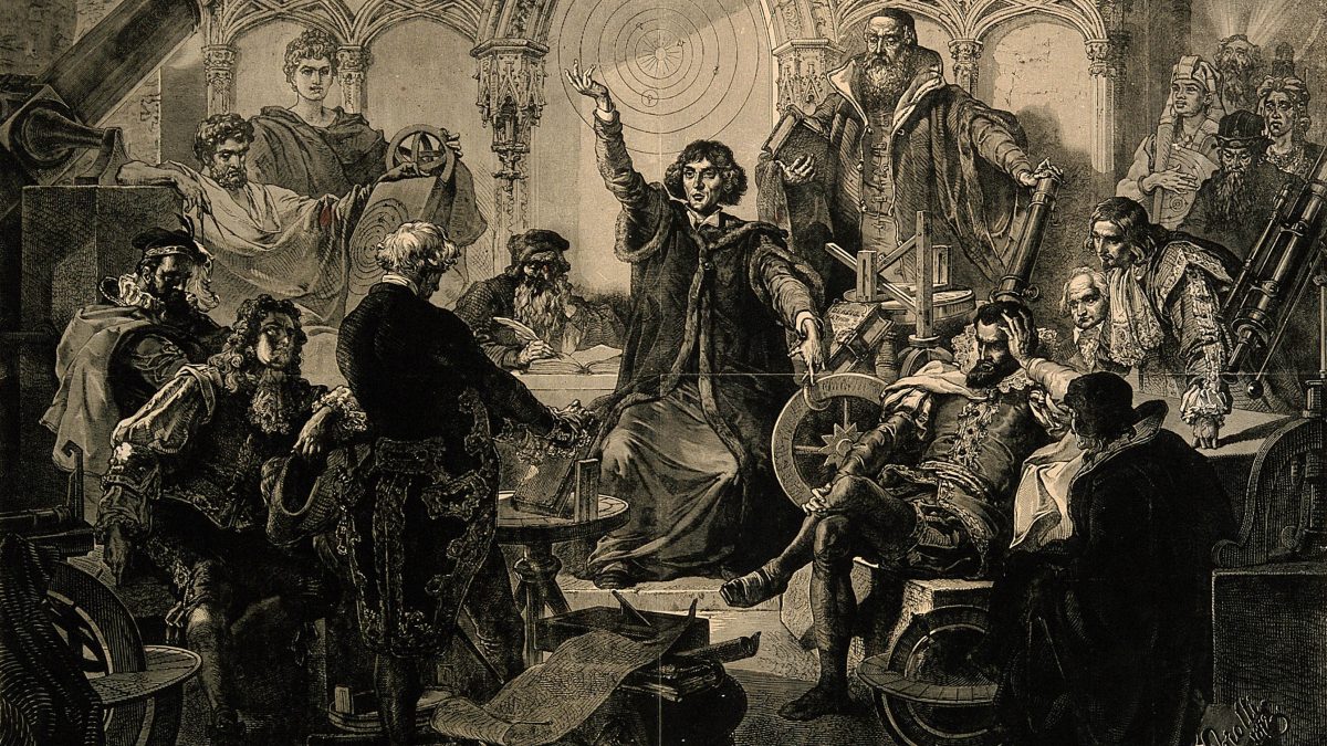 „Mikołaj Kopernik wśród innych astronomów świata” – rycina autorstwa Jana Styfiego. Źródło: Wikimedia Commons
