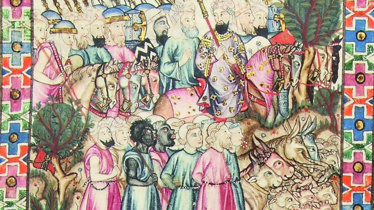 Słowiańscy i murzyńscy niewolnicy na targu w Kordobie, miniatura z Cantigas de Santa María Alfonsa X Mądrego, XIII wiek. Źródło: Patrimonio Nacional
